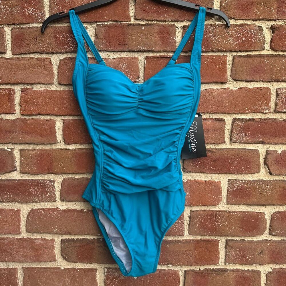 Maxine of Hollywood Sweetheart Shirred One Piece Swimsuit Teal tummy control sz - Picture 3 of 6